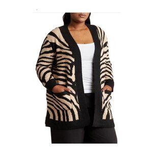 Tahari Womens Black Beige Zebra Cocoon Long Cardigan Sweater Plus Sz 3X New